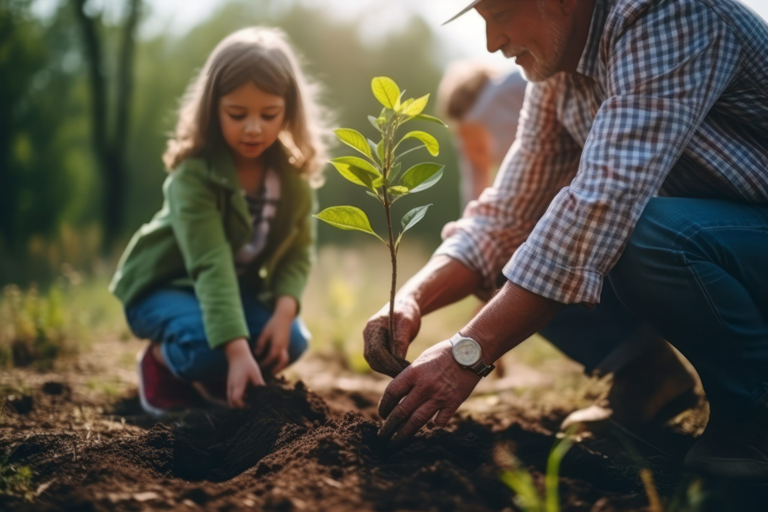 A diverse family honors a loved one’s memory by jointly planting a tree in a serene forest, symbolizing life, love, and legacy
